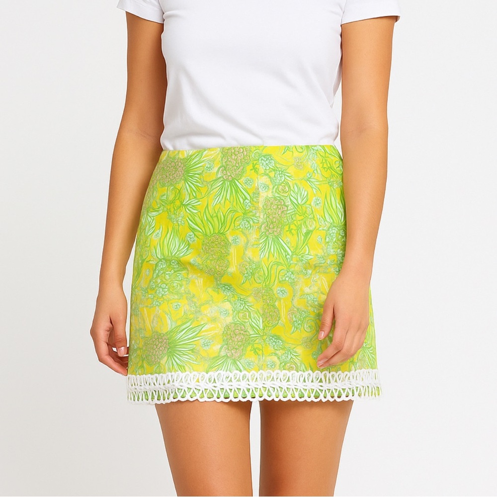 Lilly Pulitzer Yellow and Lime Green Floral Lace-Hem Skirt